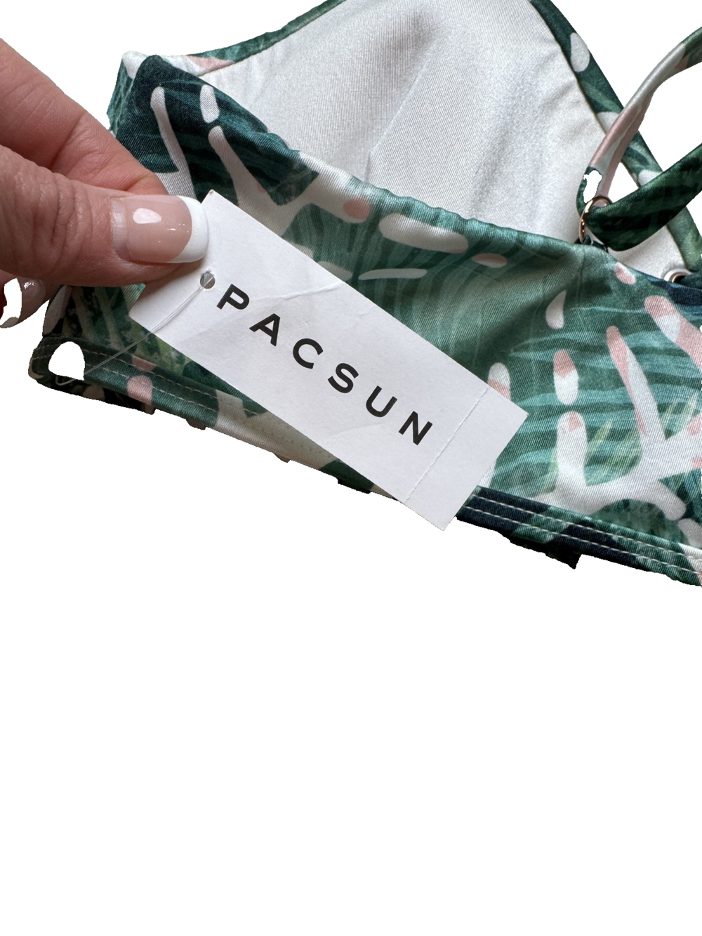 PacSun Bikini Top Womens Large Tropical Leaf Print Green Pink Lace Up Swimwear - Picture 5 of 5